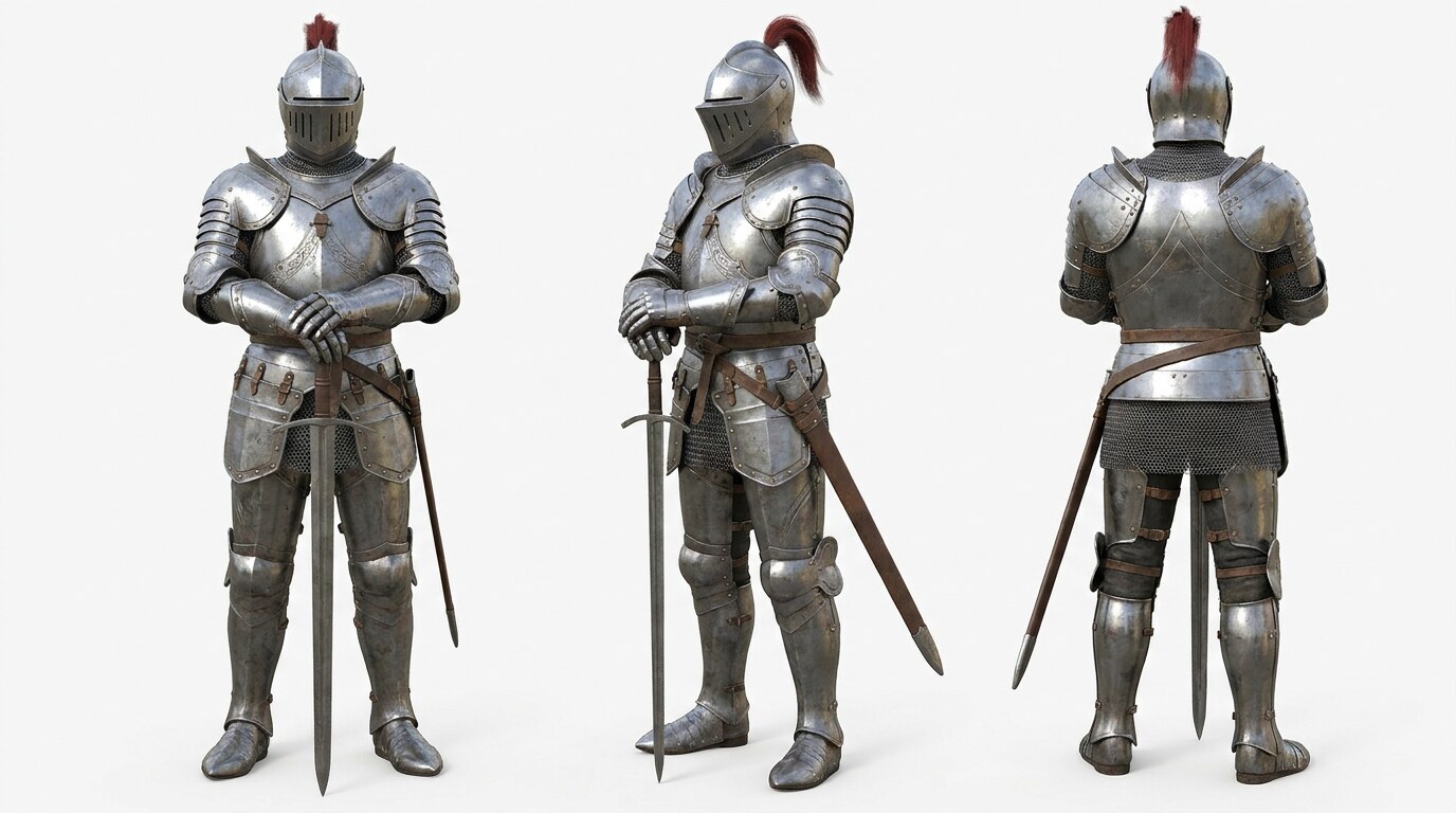 Zuerst habe ich eine Charakter-Referenz erstellt – von vorne, von der Seite und von hinten. So sieht der Ritter in jeder Szene gleich aus.